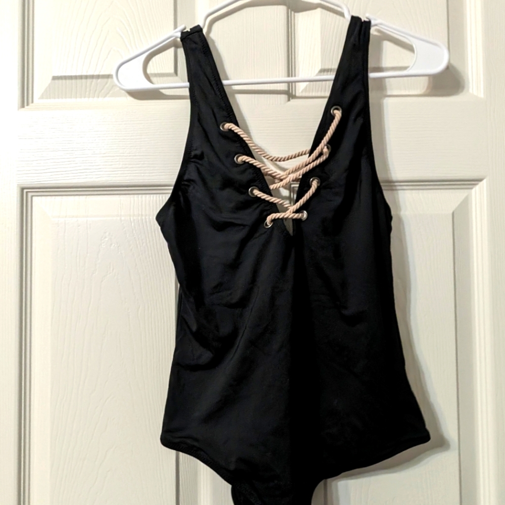 Vintage Lace Up Low Back Black SwimSuit One Piece